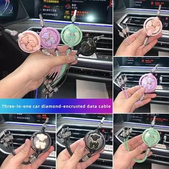 Rhinestone Car Charger 1 in 3 Data Line Charming Cute Bear Auto Fast Charging Car Bling Accessories for Android IPhone чёрный