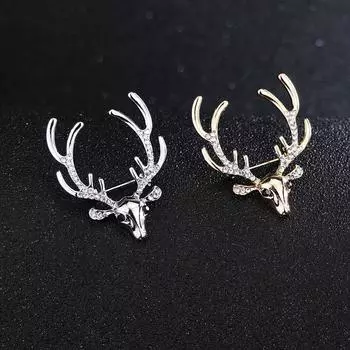 Rhinestone Christmas Badge Animal Deer Metal Brooch Personality Elk Head Brooch Girls золотой