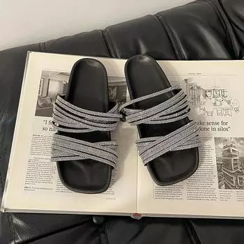 Rhinestone cool slippers open-toed flat-bottomed one-word tow shoes women s new thin strap versatile casual rhinestones 35