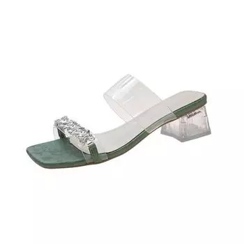 Rhinestone cool slippers women s summer new sweet crystal thick heel one-word drag transparent belt sandals women 35 зелёный