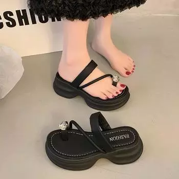 Rhinestone cover toe cool slippers women s wear summer fashion versatile Korean version comfortable casual muffin thick-bottomed beach slippers 36 чёрный