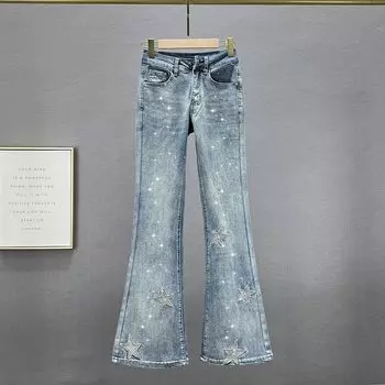 Rhinestone Denim Bell-Bottom Pants Women s Fashion 2023 New Arrival Spring Stretch High Waist Silm Slimming Hong Kong Style Mop Trousers Light Blue XL
