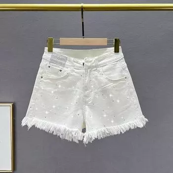 Rhinestone Denim Shorts Women 2024 New Arrival Summer Stretch High Waist Loose and Slimming Ins European Goods Burr Hot Pants White 31