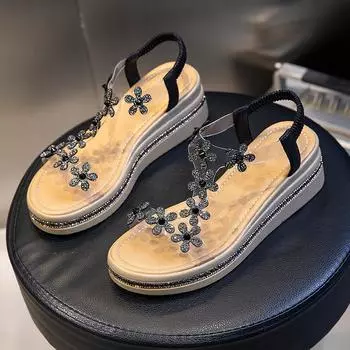 Rhinestone flat-soled sandals for women to wear in the summer of 2025, new women s shoes, versatile, heightening, platform-soled fashion, beach sandal 35