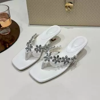 Rhinestone flower cool slippers women s summer new mid-heel outer slippers large size flip-flops 35