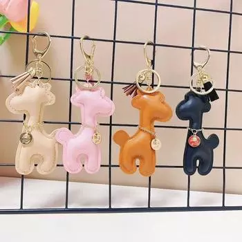 Rhinestone Giraffe Keychain Tassels Cartoon Bag Pendant Fashion PU Leather Key Ring Couple небесно-голубой