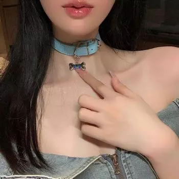 Rhinestone Harajuku Bone Dog Leather Necklace Titanium Steel Funny Girls синий