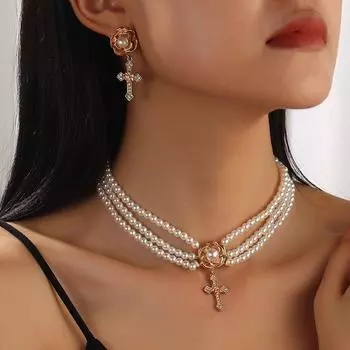 Rhinestone Imitation Pearl Necklace Earrings Flower Jewelry Set Party