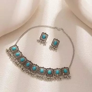 Rhinestone Inlaid Necklace Earrings Set Ethnic Style Women Jewelry Set Jewelry Accessories Style 1