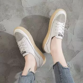 Rhinestone Leather Flat With Crystals Ladies Shoes Whit Diamond Women Footwear Chic Elegant And Low Price Daily Routine New In 35