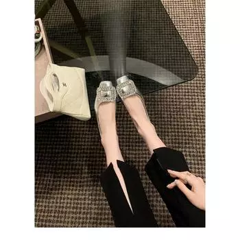 Rhinestone light mouth square head silver with skirt single shoes women s new leather Mary Jane shoes ladyshoes 35