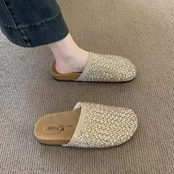 Rhinestone mesh bag head half slippers women s outer wear summer new fashion versatile lazy one pedal cool slippers 35