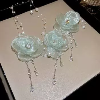 Rhinestone Mesh Flower Earrings Pearls Lace Necklace Retro Fairy Flower Choker Party Necklace