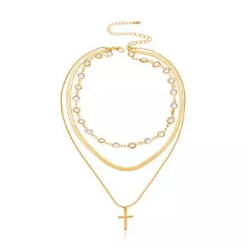 Rhinestone Neck Chain Cross Pendant Necklace Women s Temperament Multi-layer Fashion Jewelry