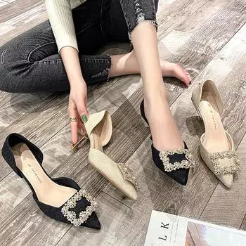 Rhinestone pearl square buckle single shoes 2025 new summer hollow high heels women s pointed head shallow mouth French girl heels 34 чёрный