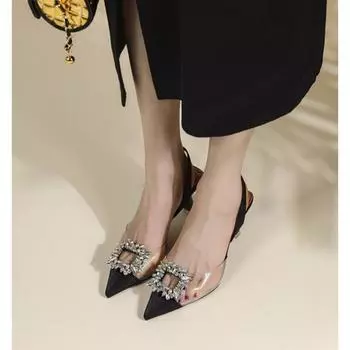 Rhinestone pointed high-heeled sandals new transparent splicing square buckle temperament bag head thin-heeled sandals 35