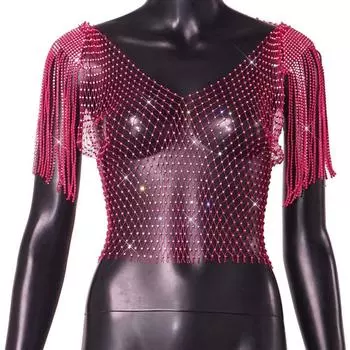 Rhinestone Rhinestone Fishnet Tops with Tassel Shawl See Through T Shirt with Tassel Shawl Women L