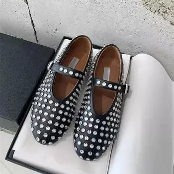 Женские туфли Мэри Джейн со стразами и заклепками, модные, с неглубоким круглым носком, удобные, для дам, балетки, обувь 39 чёрный