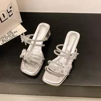 Rhinestone sandals women s summer wear fashion high-end bow crystal medium heel thick heel with skirt cool slippers 35