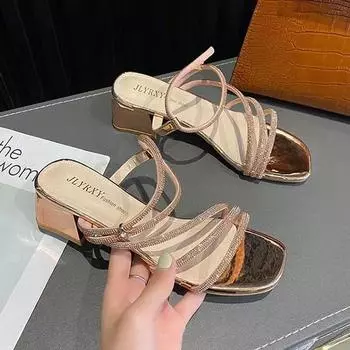 Rhinestone sandals women s thick heel 2025 new summer versatile square head fairy style with skirt high women s sandals 35
