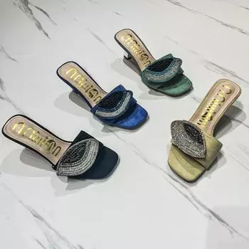 Rhinestone Slippers High Heels Slippers Sexy Women Summer Outer Wear Platform Beach Comfort Sandals Slippers Female Sandalias 36 чёрный