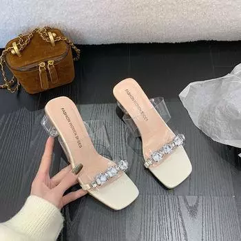 Rhinestone slippers women s fashion summer high sense transparent word with crystal thick heel high heel sandals 35