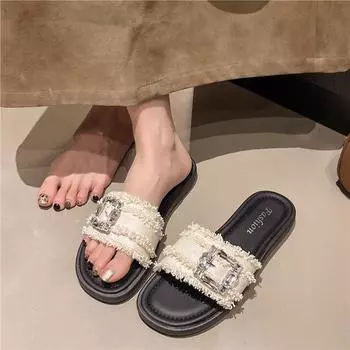 Rhinestone slippers women s summer wear fashionable new flat bottom one-word drag non-slip beach sandals 35