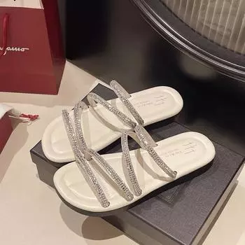 Rhinestone slippers women s summer wear new versatile niche high-end flat bottom cool beach mop 35