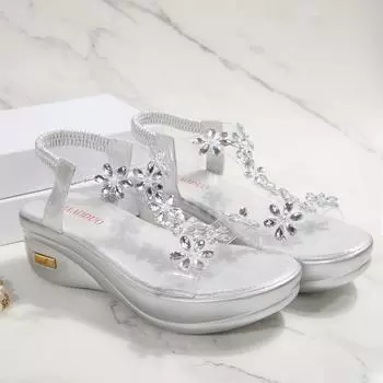 Rhinestone slope heel open-toed Roman sandals women s 2025 summer European and American foreign trade large size platform muffin sandals 36