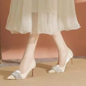 Rhinestone square buckle black high heels women s thin heels spring new pointed temperament socialite single shoes 34 абрикосовый