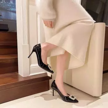 Rhinestone square buckle pointed single shoes summer new temperament lady stiletto women s shoes versatile commuter high heels 34