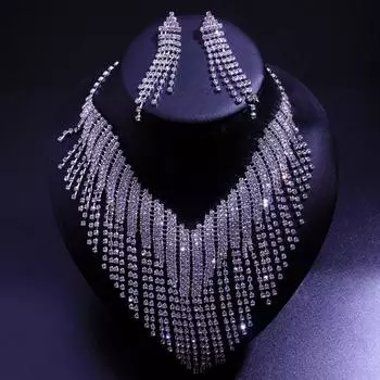 Rhinestone Tassel Collarbone Chain Exaggerated Full Diamond Earrings Necklace Set Chain Wedding Accessories