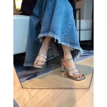 Rhinestone temperament sandals women s new summer silver square head open-toe buckle strap thick heel high heels 35