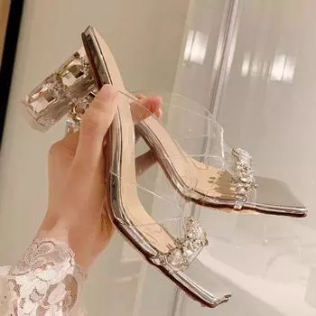 Rhinestone thick heel sandals 2025 summer new one-word with transparent sequins square head high heel sandals celebrity style women s shoes 35