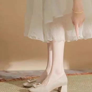 Rhinestone thick heel single shoes women s spring 2025 temperament versatile skirt with mid-heel square head high heels wedding shoes 34