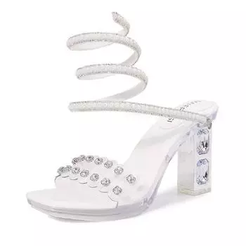 Rhinestone thick heel snake-shaped winding sandals white summer car model new one-word belt fashion crystal high heels 35