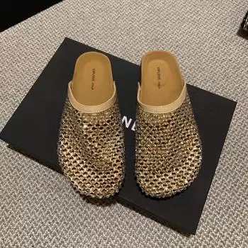 Rhinestone thick-soled bag head half slippers, women s summer wear new one-pedal flat-bottomed cool slippers 35