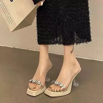 Rhinestone transparent crystal high-heeled sandals with 2025 new thick heel casual fashion versatile slippers 35