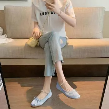 Rhinestone with bow round head flat-bottomed ballet shoes women s Mary Jane shoes 36