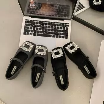 Rhinestone woolen gray square head shallow mouth single shoes female spring and autumn new French gentle fairy flat Mary Jane shoes 35 чёрный