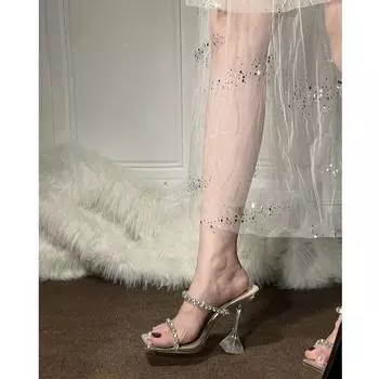 Rhinestone word with cool slippers women s summer wear 2025 new Korean version square head temperament high heels women s stiletto 35