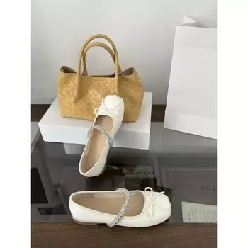 Rhinestone word with Mary Jane shoes women s summer new flat bottom with skirt shallow mouth single shoes 35 бежевый