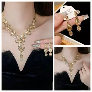 Rhinestones Bridal Jewelry Set Shiny Luxury Wedding Jewelry Set Necklace Earnail Set Banquet шампанского