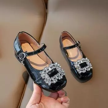 Rhinestones Cute Baby Girl Shoes 2024 New Kids Loafers Spring Black Shoes Hook & Loop Low Heels Children Mary Janes for Party 27 белый