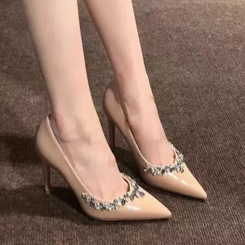 Rhinestones Patent Leather Women Pumps Elegant Pointed toe Stiletto High heels Dress Shoes Fashion Slingbacks Party Shoes 34 чёрный