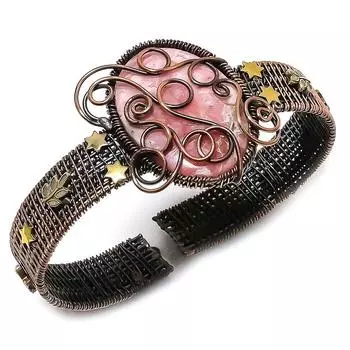 Rhodochrosite Gemstone Handmade Copper Wire Wrap Cuff Bangle Adjustable G8l25