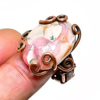 Кольцо из медной проволоки с драгоценным камнем родохрозитом, размер 8,5