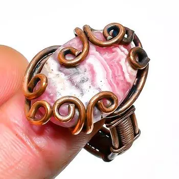 Ювелирное кольцо ручной работы из медной проволоки с родохрозитом, размер 8