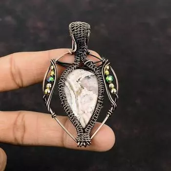 Родохрозитовый кулон с титановыми бусинами, кулон с медной проволокой, обернутый в медь, драгоценный камень, медные украшения, подарок другу, ювелирные изделия ручной работы в виде проволоки