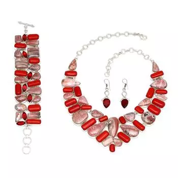 Ожерелье и комплект украшений из красного коралла родохрозита 18-20